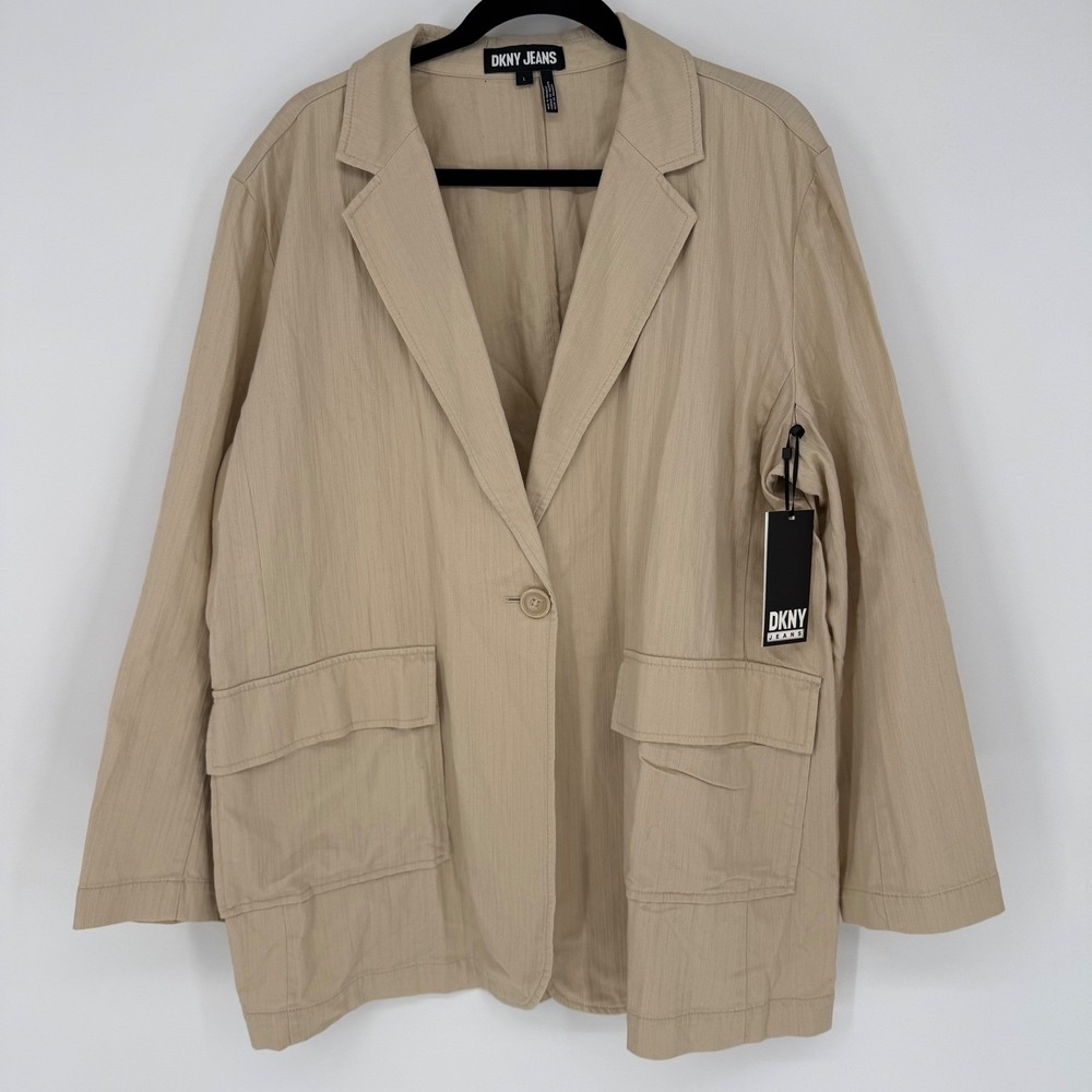 DKNY JEANS WOMEN'S OVERSIZED COTTON TWILL BLAZER JACKET‎ TAN BEIGE LARGE NWT